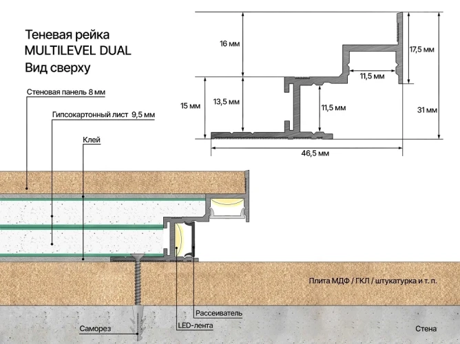Теневая рейка Laconistiq Multilevel Dual Светлое золото анодированная на Otdelka1.ru
