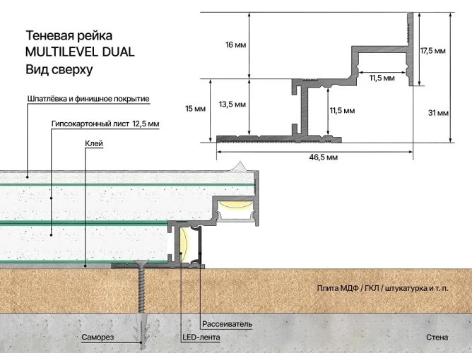 Теневая рейка Laconistiq Multilevel Dual Светлое золото анодированная на Otdelka1.ru